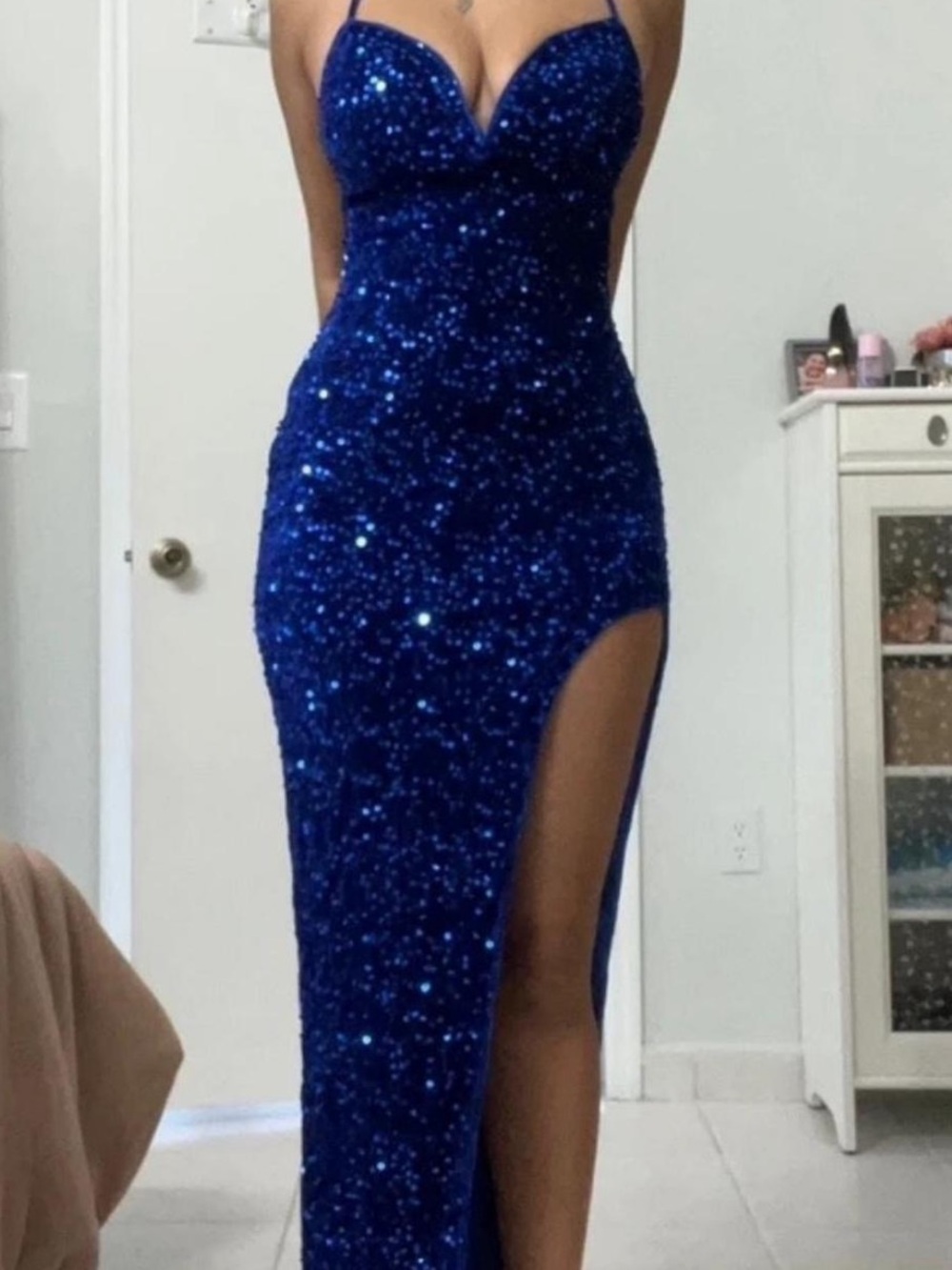 Strappy Royal Blue Sequin Evening Gown with High Slit